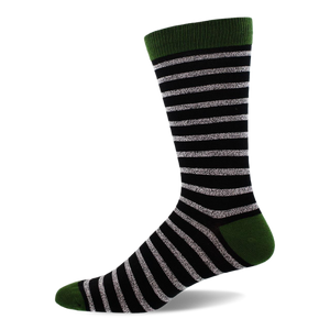 Single crew sock with black background and shimmering silver horizontal stripes, solid dark green cuff, heel, and toe.