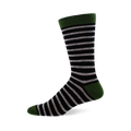 A single black crew sock with horizontal light grey stripes, dark green cuff, heel, and toe, shown on a white background.