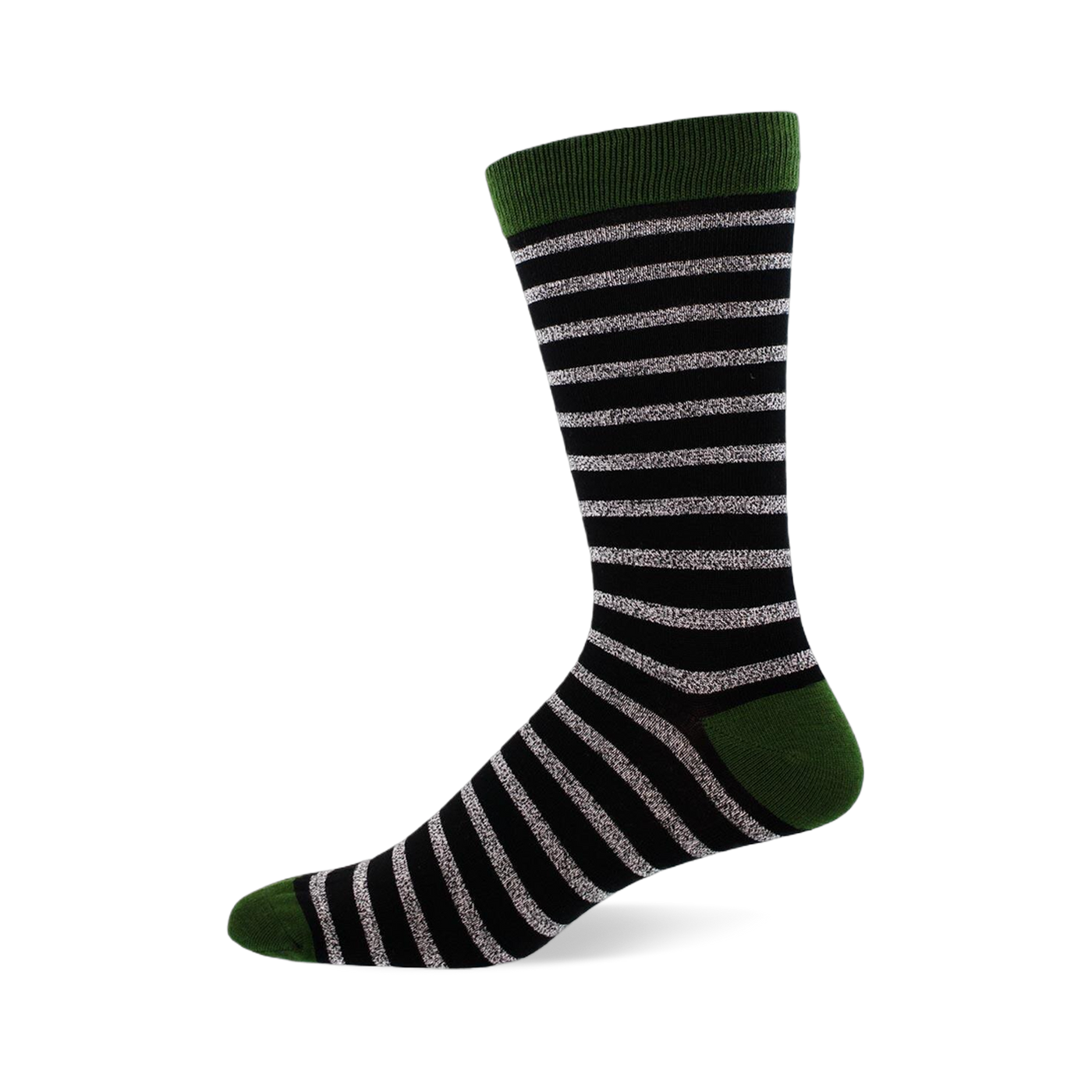 A single black crew sock with horizontal light grey stripes, dark green cuff, heel, and toe, shown on a white background.