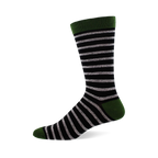 A single black crew sock with horizontal light grey stripes, dark green cuff, heel, and toe, shown on a white background.
