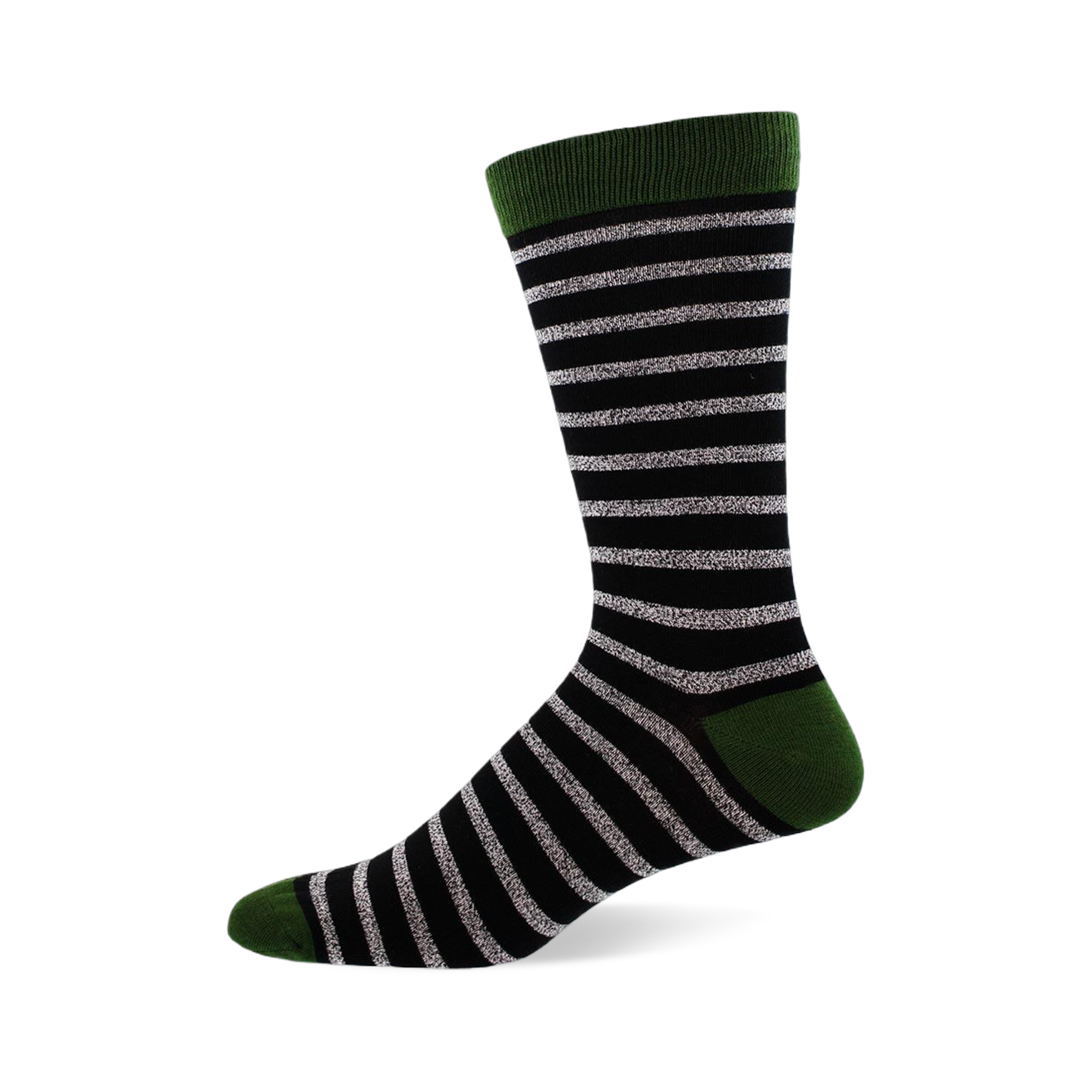 A single black crew sock with horizontal light grey stripes, dark green cuff, heel, and toe, shown on a white background.