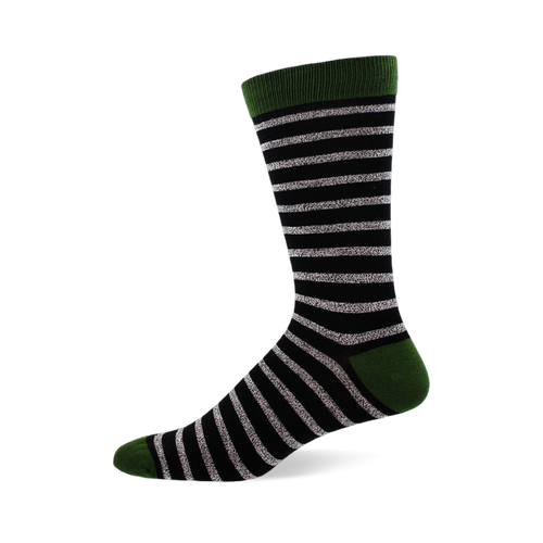 A single black crew sock with horizontal light grey stripes, dark green cuff, heel, and toe, shown on a white background.