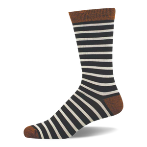 A pair of black crew socks with light grey horizontal stripes, dark green cuffs, heels, and toes, neatly folded.