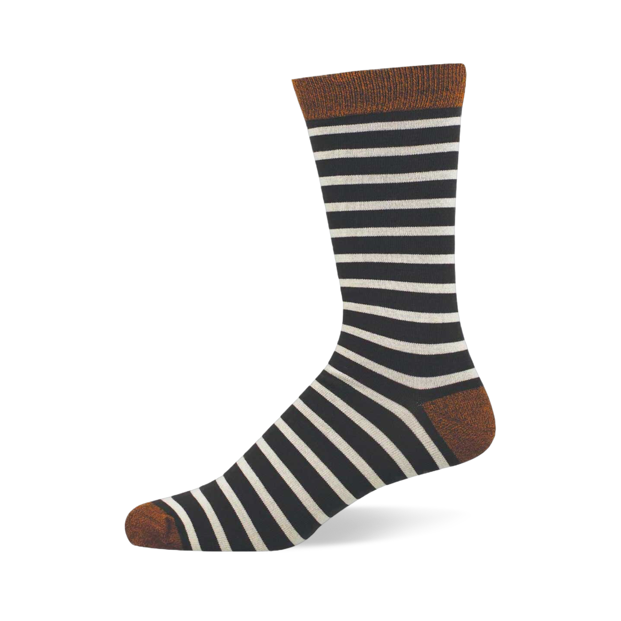 A pair of black crew socks with light grey horizontal stripes, dark green cuffs, heels, and toes, neatly folded.