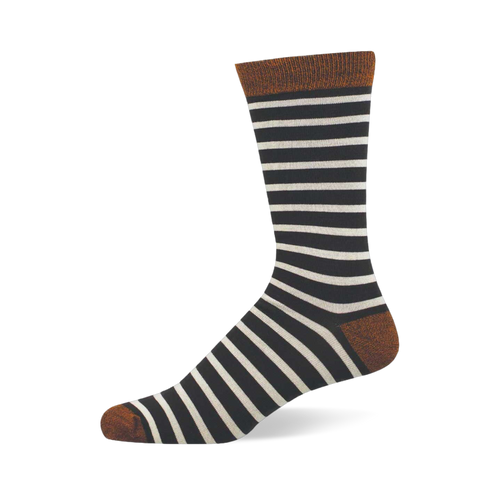 A pair of black crew socks with light grey horizontal stripes, dark green cuffs, heels, and toes, neatly folded.