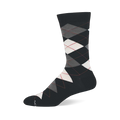 A single dark grey crew sock with a classic argyle pattern featuring white, light grey, and dark grey diamonds outlined by thin red lines.