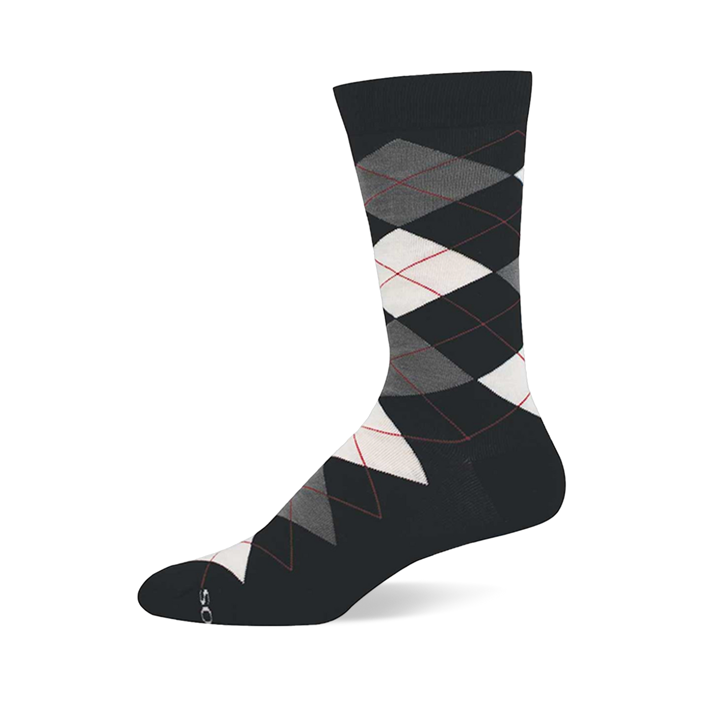 A single dark grey crew sock with a classic argyle pattern featuring white, light grey, and dark grey diamonds outlined by thin red lines.
