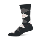 A single dark grey crew sock with a classic argyle pattern featuring white, light grey, and dark grey diamonds outlined by thin red lines.