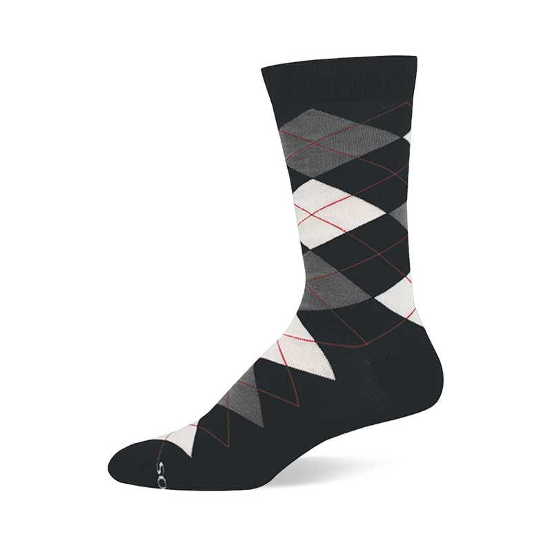 A single dark grey crew sock with a classic argyle pattern featuring white, light grey, and dark grey diamonds outlined by thin red lines.