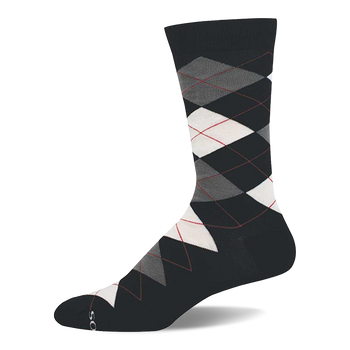 A single dark grey crew sock with a classic argyle pattern featuring white, light grey, and dark grey diamonds outlined by thin red lines.