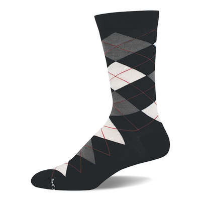 A single dark grey crew sock with a classic argyle pattern featuring white, light grey, and dark grey diamonds outlined by thin red lines.