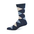 A single dark blue crew sock featuring an argyle pattern with light blue, light beige, and dark blue diamonds.