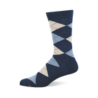 A single dark blue crew sock featuring an argyle pattern with light blue, light beige, and dark blue diamonds.