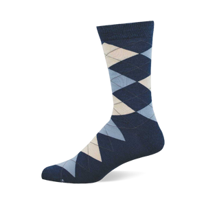 A single dark blue crew sock featuring an argyle pattern with light blue, light beige, and dark blue diamonds.