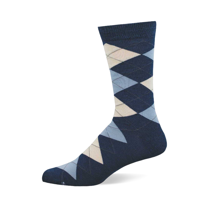 A single dark blue crew sock featuring an argyle pattern with light blue, light beige, and dark blue diamonds.