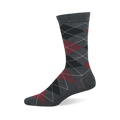 A single dark grey crew sock with a prominent argyle pattern of black, dark red, and grey diamonds.