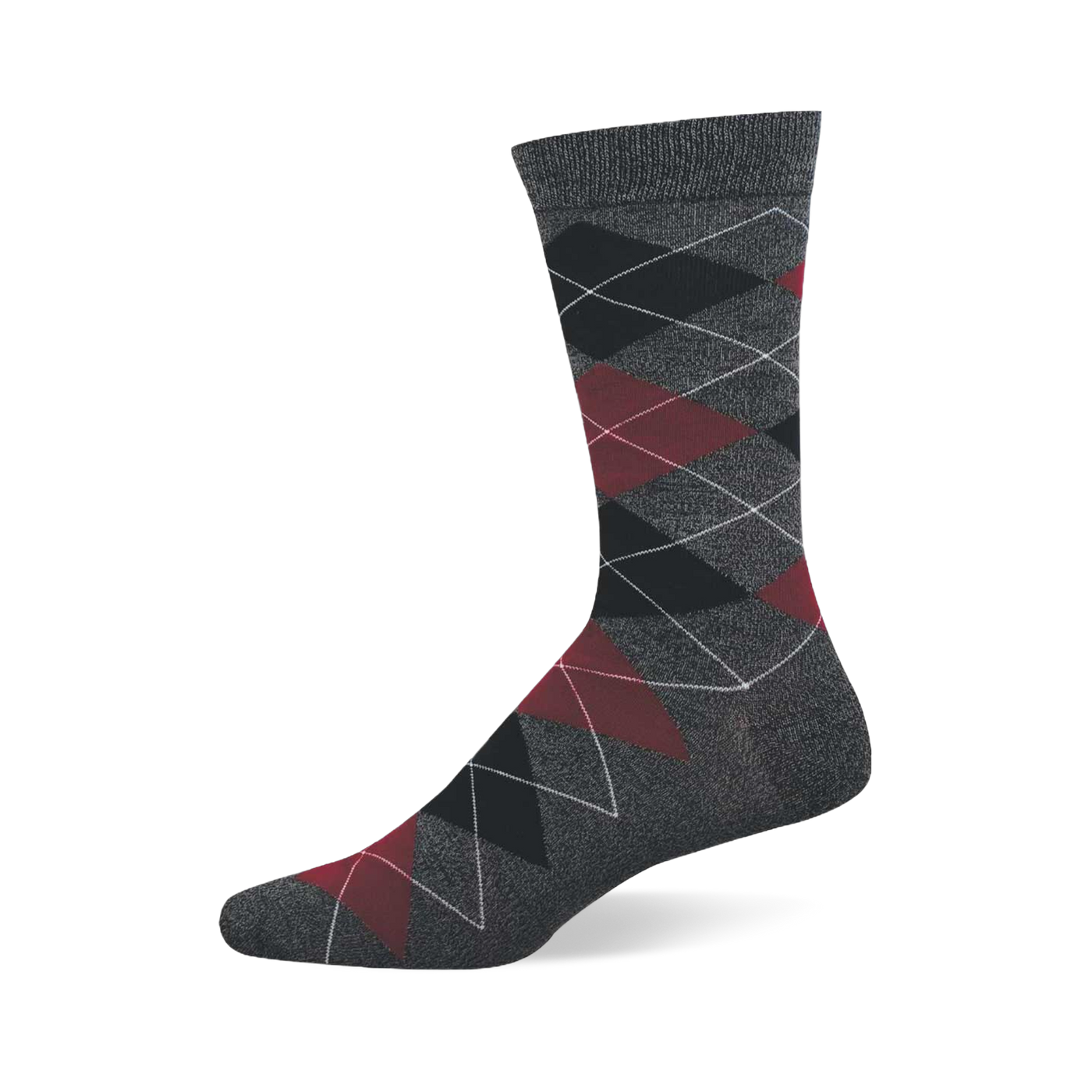 A single dark grey crew sock with a prominent argyle pattern of black, dark red, and grey diamonds.