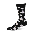 A black crew sock with a repeating pattern of white and subtly purple-veined garlic bulbs and scattered white garlic cloves.