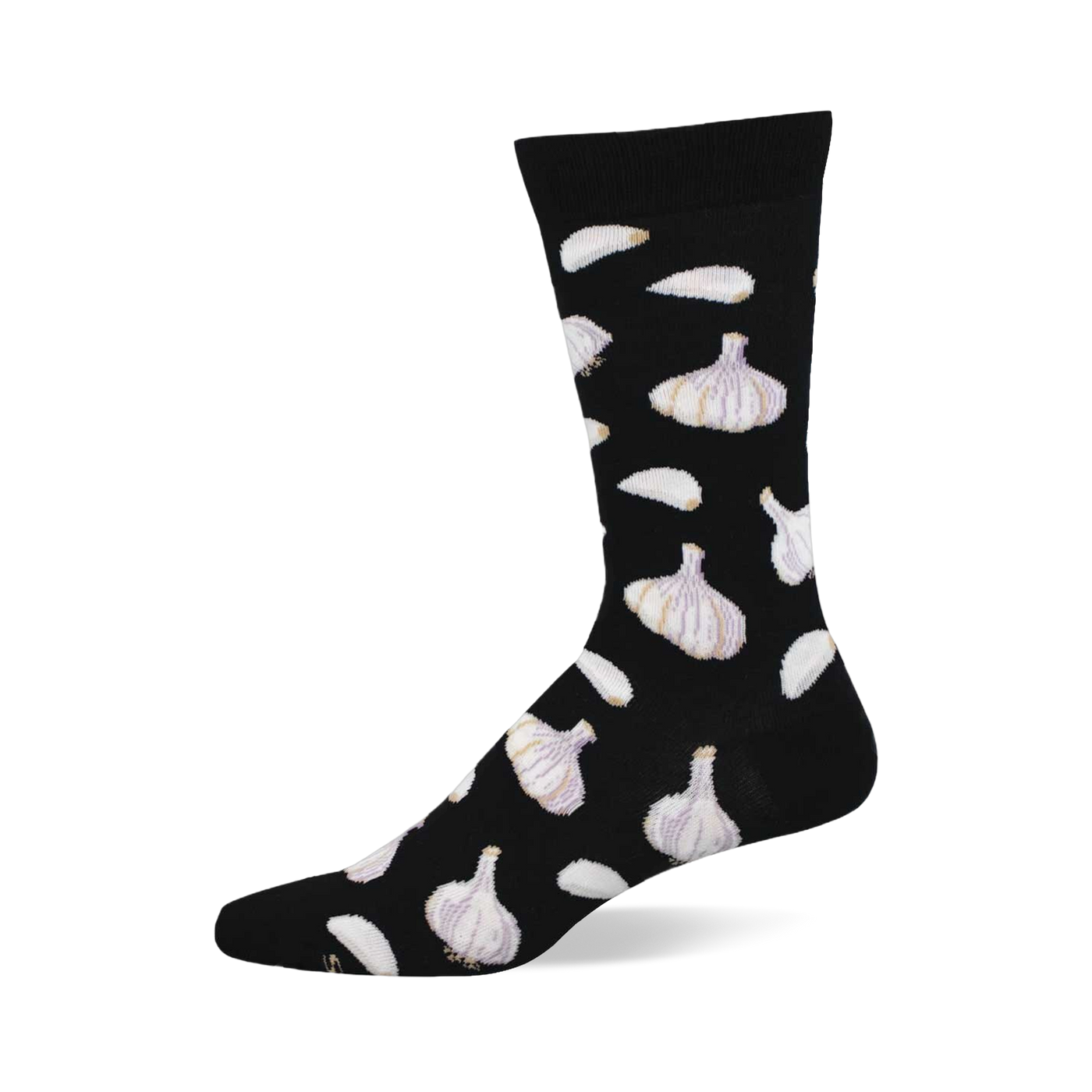 A black crew sock with a repeating pattern of white and subtly purple-veined garlic bulbs and scattered white garlic cloves.