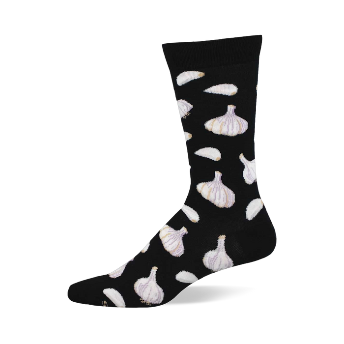 A black crew sock with a repeating pattern of white and subtly purple-veined garlic bulbs and scattered white garlic cloves. }}