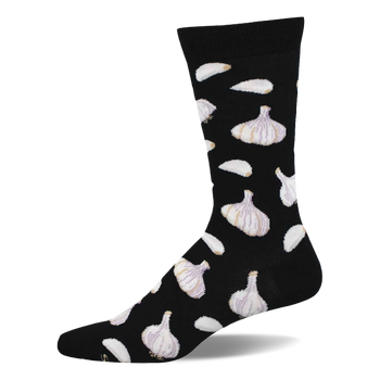 A black crew sock with a repeating pattern of white and subtly purple-veined garlic bulbs and scattered white garlic cloves.