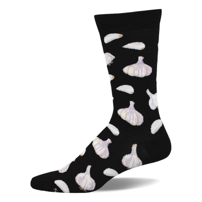 A black crew sock with a repeating pattern of white and subtly purple-veined garlic bulbs and scattered white garlic cloves.