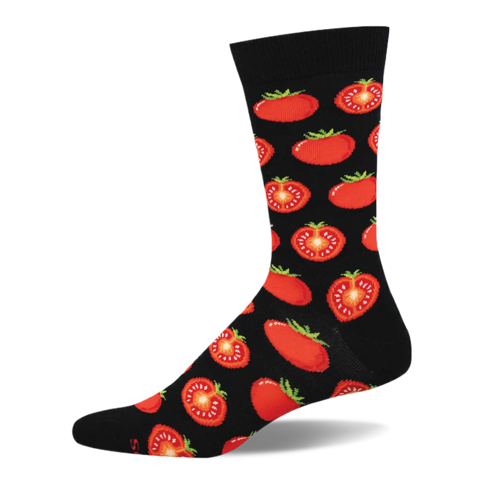 Black crew sock with a repeating pattern of red whole and half-sliced tomatoes showing green stems and yellow seeds. }}
