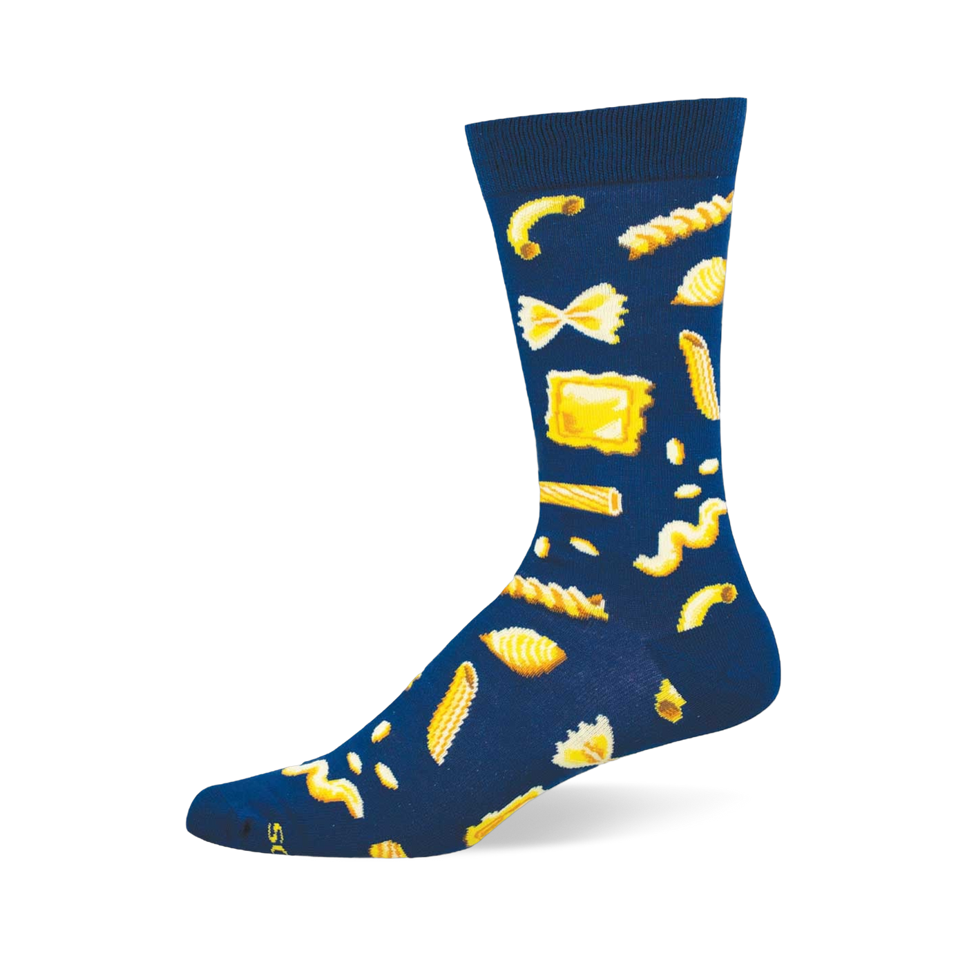 A single dark blue crew sock with a repeating pattern of yellow pasta shapes, including macaroni, bow-ties, penne, and ravioli.
