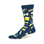 A single dark blue crew sock with a repeating pattern of yellow pasta shapes, including macaroni, bow-ties, penne, and ravioli.
