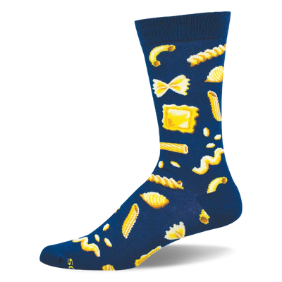 A single dark blue crew sock with a repeating pattern of yellow pasta shapes, including macaroni, bow-ties, penne, and ravioli.