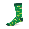 Green crew sock with a golf course pattern: putting greens, flags (red, yellow, blue), golf balls, and clubs. Dark green cuff, heel, toe.