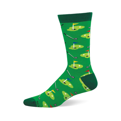 Green crew sock with a golf course pattern: putting greens, flags (red, yellow, blue), golf balls, and clubs. Dark green cuff, heel, toe.