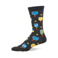 Dark grey crew socks featuring a pickleball pattern with blue and yellow paddles, orange handles, and yellow pickleballs.