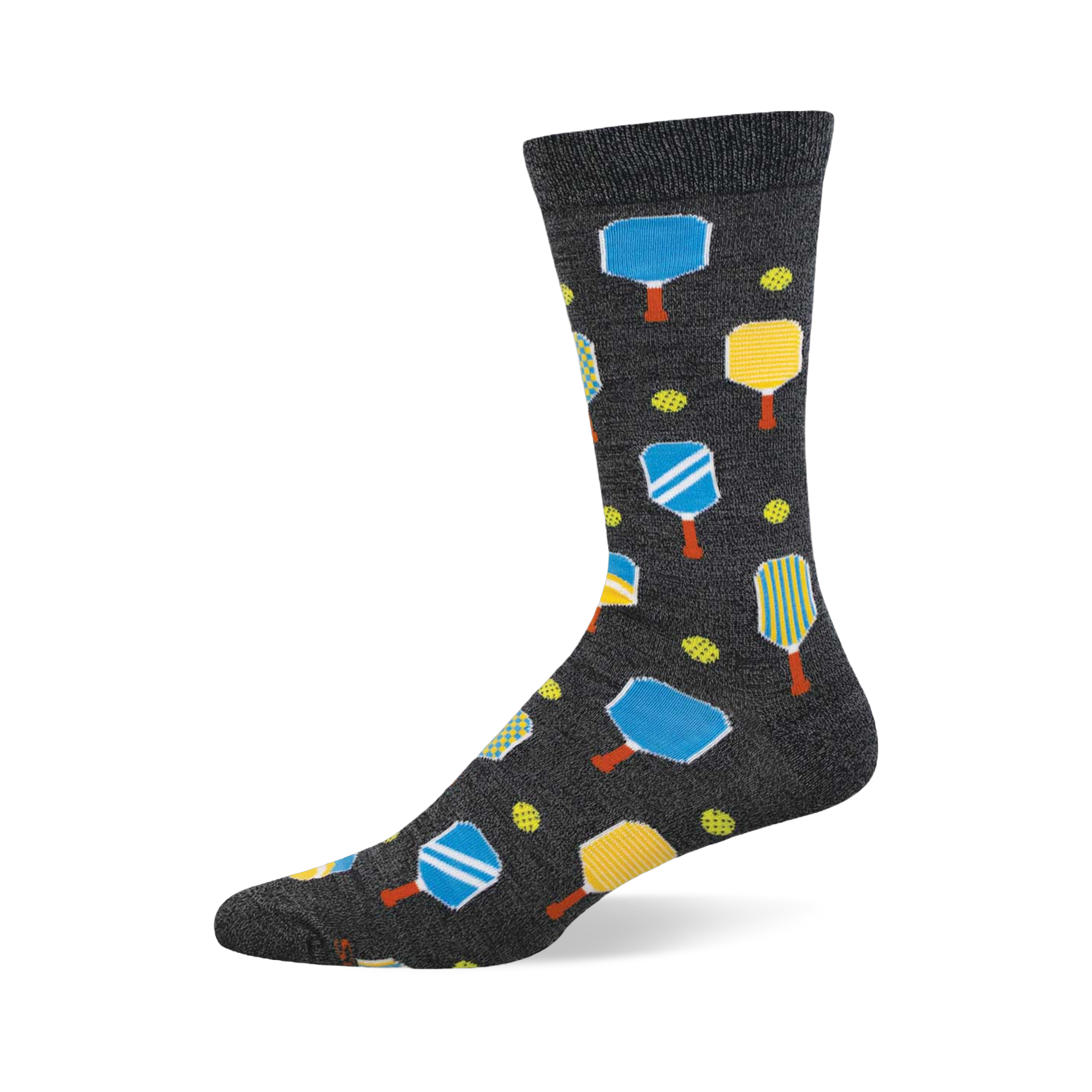 Dark grey crew socks featuring a pickleball pattern with blue and yellow paddles, orange handles, and yellow pickleballs.