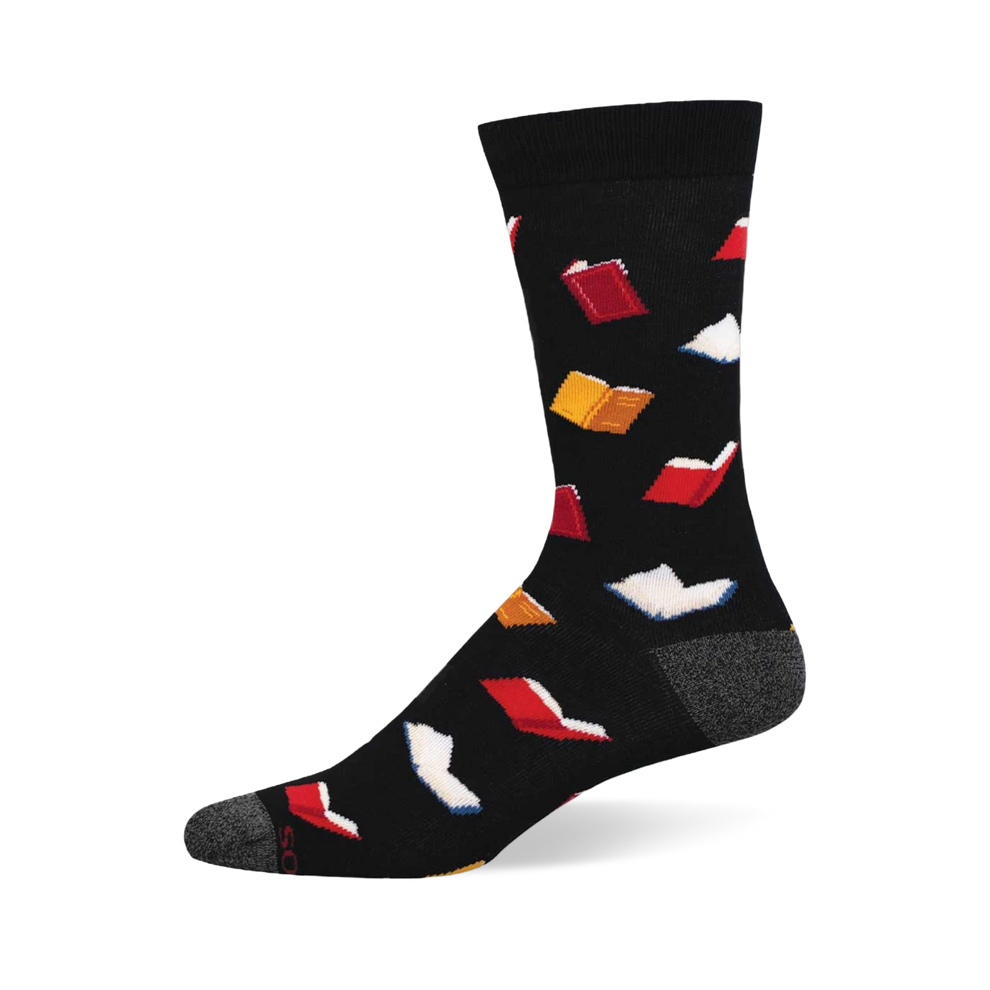 A black crew sock with a scattered pattern of small open books in red, white, and yellow. Grey heel and toe details.