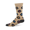 Tan crew sock with black vinyl records, colorful labels (red, blue, orange, light blue), and white music notes. Dark grey heel and toe.