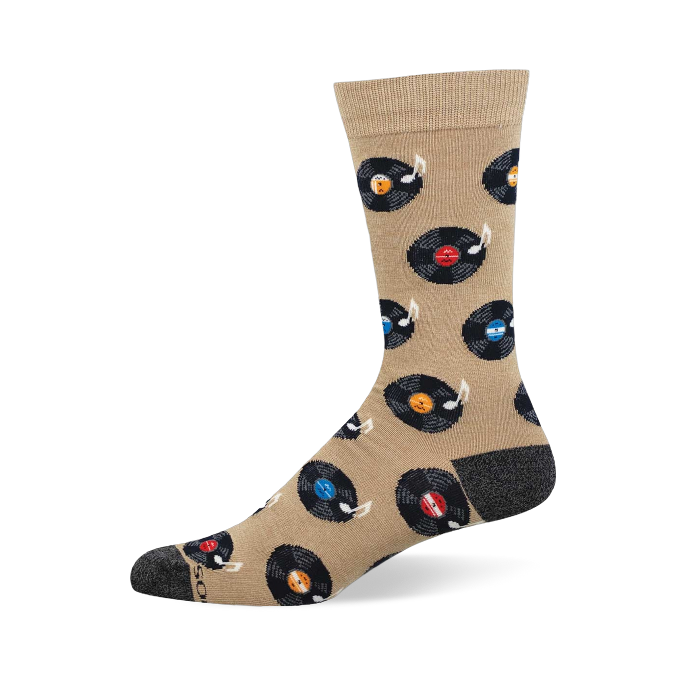 Tan crew sock with black vinyl records, colorful labels (red, blue, orange, light blue), and white music notes. Dark grey heel and toe.