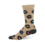 Tan crew sock with black vinyl records, colorful labels (red, blue, orange, light blue), and white music notes. Dark grey heel and toe.