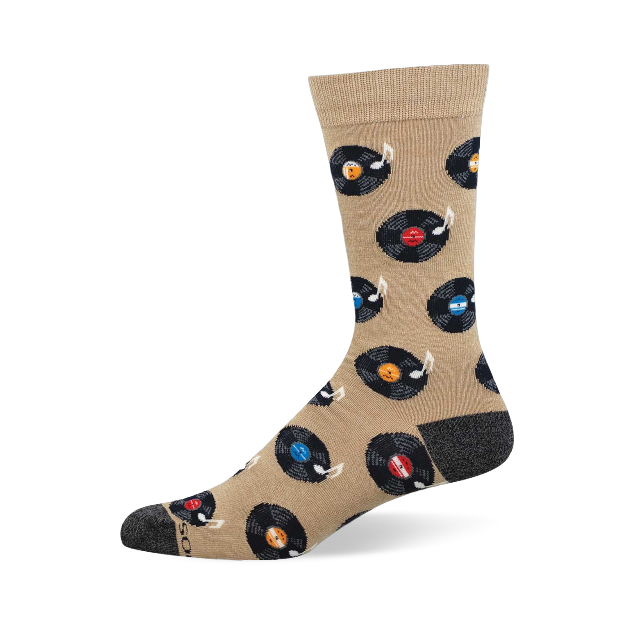 Tan crew sock with black vinyl records, colorful labels (red, blue, orange, light blue), and white music notes. Dark grey heel and toe.