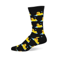 Black crew sock with a repeated pattern of yellow rubber ducks floating in white and blue bubbles.