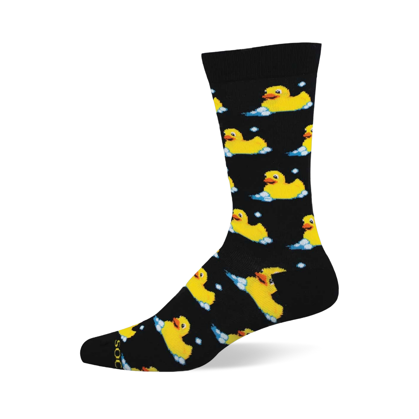 Black crew sock with a repeated pattern of yellow rubber ducks floating in white and blue bubbles.