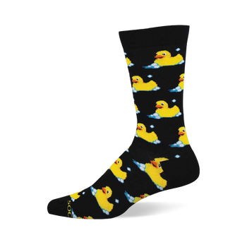 Black crew sock with a repeated pattern of yellow rubber ducks floating in white and blue bubbles.