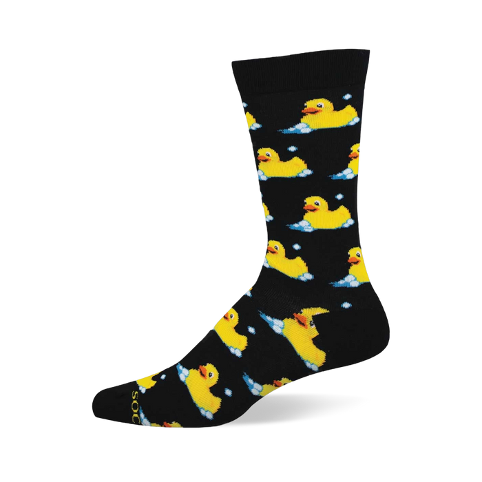 Black crew sock with a repeated pattern of yellow rubber ducks floating in white and blue bubbles. }}