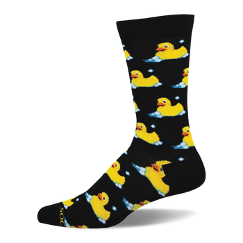 Black crew sock with a repeated pattern of yellow rubber ducks floating in white and blue bubbles.