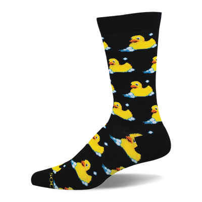 Black crew sock with a repeated pattern of yellow rubber ducks floating in white and blue bubbles.