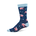 A navy blue crew sock featuring a repeating pattern of pink axolotls and light blue bubbles. Has a light blue cuff, heel, and toe.
