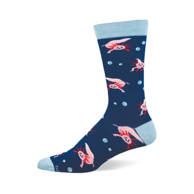 A navy blue crew sock featuring a repeating pattern of pink axolotls and light blue bubbles. Has a light blue cuff, heel, and toe.