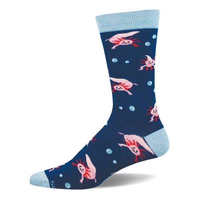 A navy blue crew sock featuring a repeating pattern of pink axolotls and light blue bubbles. Has a light blue cuff, heel, and toe.