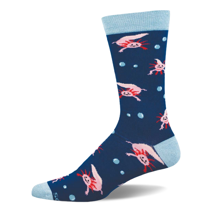 A navy blue crew sock featuring a repeating pattern of pink axolotls and light blue bubbles. Has a light blue cuff, heel, and toe. }}