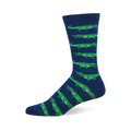 A single mid-calf sock with a navy blue base and repeating pattern of bright green alligators with open mouths and white teeth.